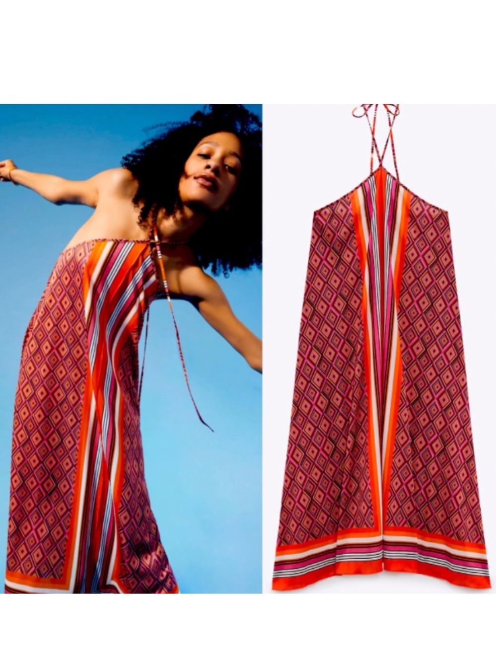 ZARA PRINTED MIDI FLOWY HALTER DRESS
